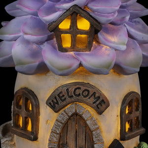 Solar Hand Painted Fairy House Garden Statue, Welcome Sign and Purple Succulent Petal Roof, 7 by 9 Inches | Exhart