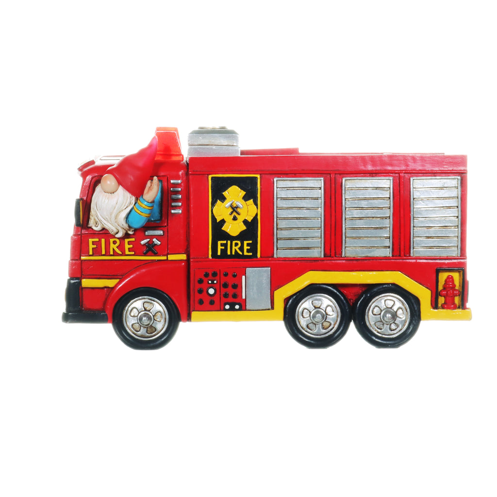Solar Fire Truck Driving Gnome Garden Statue, 11.5 by 6.5 Inches