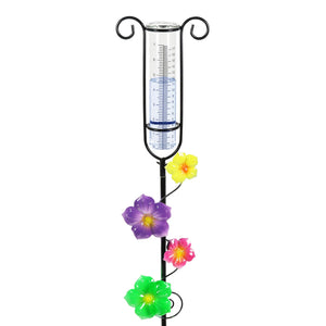 Glass and Metal Rain Gauge Garden Stake with Multicolored Hand Painted Yellow, Purple, Pink and Green Flowers, 42 Inches | Exhart