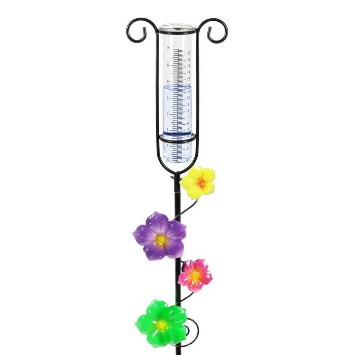 Glass and Metal Rain Gauge Garden Stake with Multicolored Hand Painted Yellow, Purple, Pink and Green Flowers, 42 Inches