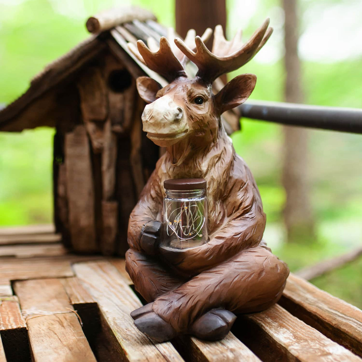 Solar Moose Garden Statue Holding a Glass Jar with Eight LED Firefly ...
