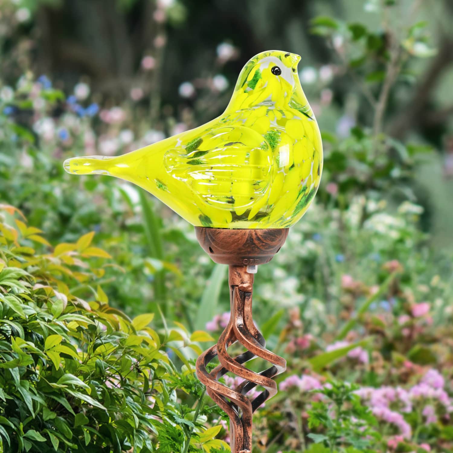 Solar Hand Blown Glass Bird Garden Stake in Yellow, 6 by 31 Inches | Shop Garden Decor by Exhart