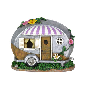 Solar Hand Painted Camping Trailer Statue with Lavender Awning, 5 by 6.5 Inches | Shop Garden Decor by Exhart