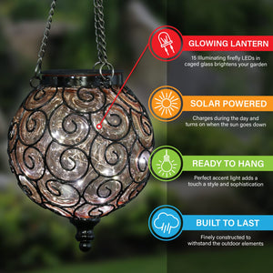 Solar Round Glass and Metal Hanging Lantern in Amber with 15 Cool White LED Firefly String Lights, 7 by 21 Inches | Exhart