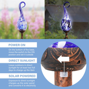 Solar Hand Blown Pearlized Blue Glass Spiral Flame Garden Stake with Metal Finial Detail, 36 Inch | Exhart