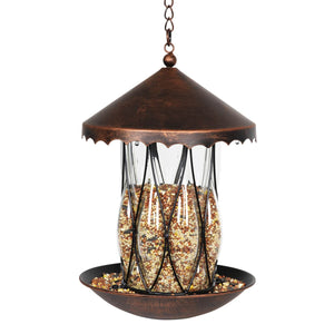 Solar Bronze Bird Feeder in Clear Diamond Glass Pattern with Four LED Lights | Shop Garden Decor by Exhart