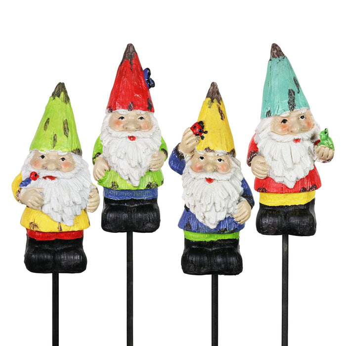 Colorful Mini Garden Gnome Pot Stake Set of Four, 2 by 9 Inches