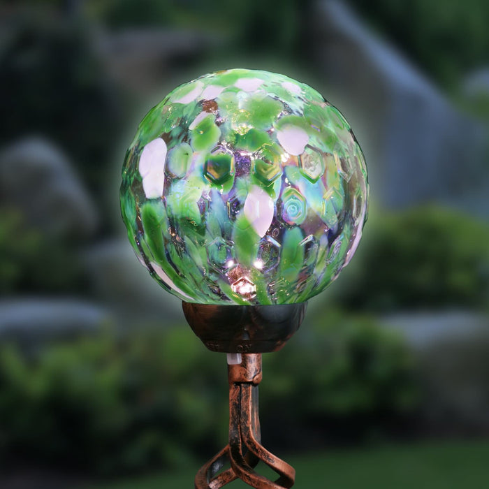 Solar Pearlized Honeycomb Glass Ball Garden Stake with Metal Finial in Green, 4 by 31 Inches