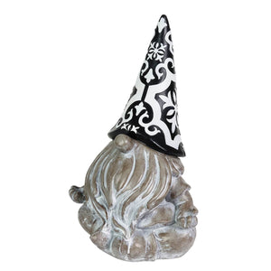 Solar Grey Gnome with Black and White Pattern Hat Garden Statue, 7 by 11 Inches | Shop Garden Decor by Exhart