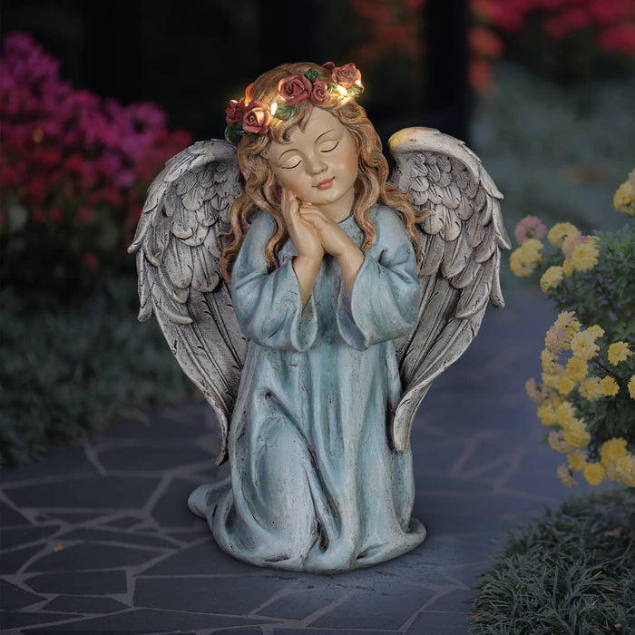 Solar Hand Painted Little Girl Angel Garden Statue with LED Flower Garland, 8.5 by 10.5 Inches