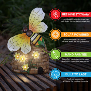 Solar Hand Painted Bee Hive Statuary with LED Flowers, 9 by 12.5 Inch | Shop Garden Decor by Exhart