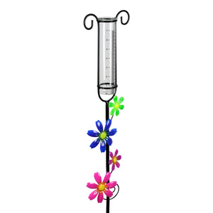 Glass and Metal Rain Gauge Garden Stake with Multicolored Hand Painted Pink, Blue, Purple and Green Flowers, 42 Inches | Exhart