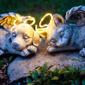 Solar Sleeping Dog with Halo and Angel Wings Memorial Garden Statue, 12 by 7 Inches | Shop Garden Decor by Exhart