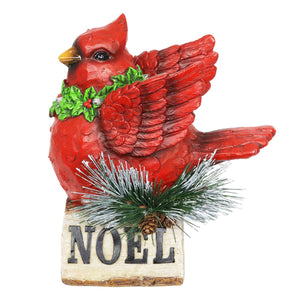 Hand Painted Christmas Cardinal with LED Garland on Noel Sign Statuary with a Battery Powered Timer, 8.5  Inch | Exhart