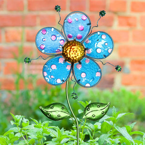 Whimsical Blue Flower Garden Stake Made of Glass and Metal, 11 by 36 Inches | Shop Garden Decor by Exhart