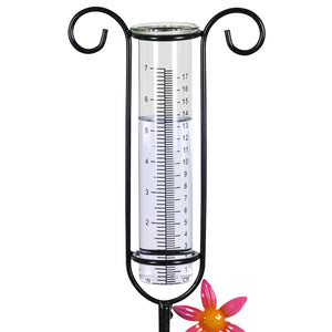 Glass and Metal Rain Gauge Garden Stake with Multicolored Hand Painted Pink, Blue, Yellow and Purple Flowers, 42 Inches | Exhart