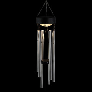 Solar Silver Wind Chime with Black Detailed Top and Round Dangling Charm, 5 x 5x 33.5 Inches | Shop Garden Decor by Exhart