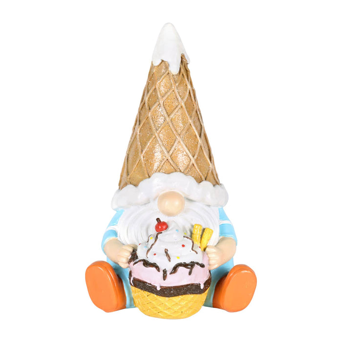 Ice Cream Hat Garden Gnome Statue, Sitting with a Sundae, 5 x 5 x 7.5 Inches