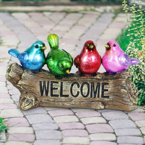 Hand Painted Tie Dye Birds on Welcome Log Garden Statue, 13 by 6.5 Inches | Shop Garden Decor by Exhart