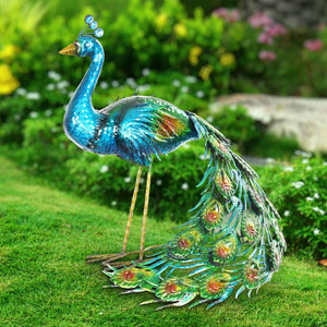 Hand Painted Majestic Metal Standing Peacock Garden Statue, 15 by 24 Inches | Shop Garden Decor by Exhart