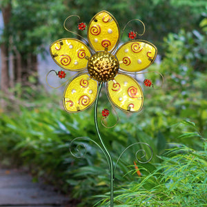 Whimsical Yellow Flower Garden Stake Made of Glass and Metal, 11 by 36 Inches | Shop Garden Decor by Exhart