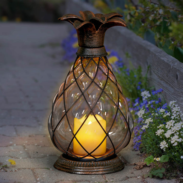 Bronze Pineapple Lantern with Battery Powered LED Candle on a Timer, 10.25 Inch