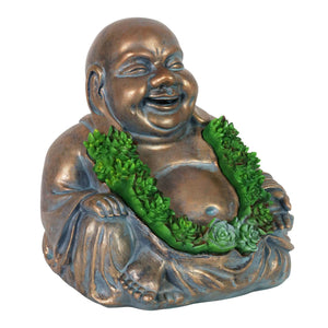 Solar Happy Buddha Garden Statue  In Bronze Look With Succulents, 10 Inch | Shop Garden Decor by Exhart