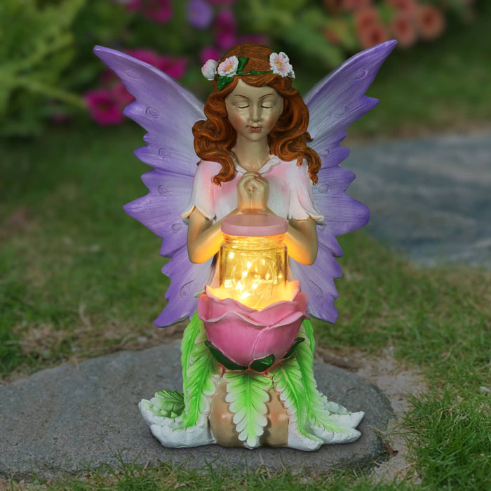 10 Inch Solar Fairy w Rose w Firefly Jar