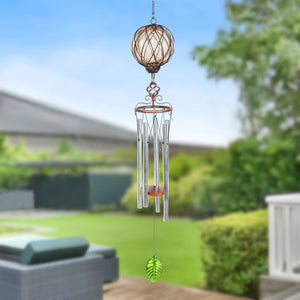 Solar Caged Amber Glass Wind Chime with Metal Finial, 6 by 45 Inches | Shop Garden Decor by Exhart