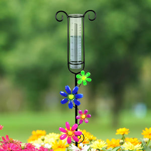 Glass and Metal Rain Gauge Garden Stake with Multicolored Hand Painted Pink, Blue, Purple and Green Flowers, 42 Inches | Exhart