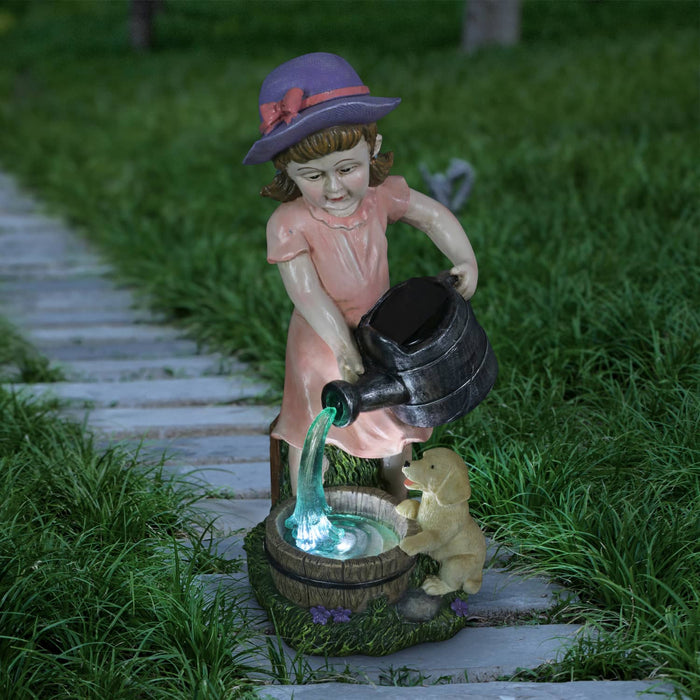 Solar Girl Pouring Water Garden Statue, 12 Inch