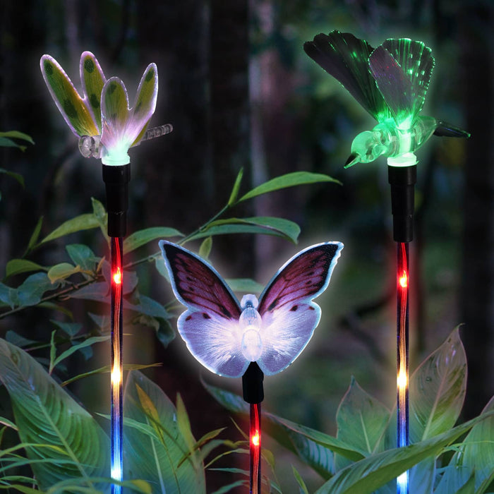 3 Piece Solar Color Changing Fiber Optic Butterfly, Hummingbird and Dragonfly Garden Stake Set, 4 by 16 Inches