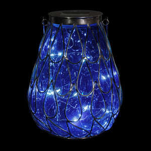 Solar Blue Glass in Caged Metal Tabletop Accent Lantern with 25 Firefly LEDs, 7"x9" | Shop Garden Decor by Exhart