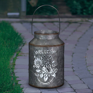 Solar Stamped Metal Flower Design Lantern Reads Welcome, 8 Inch | Shop Garden Decor by Exhart