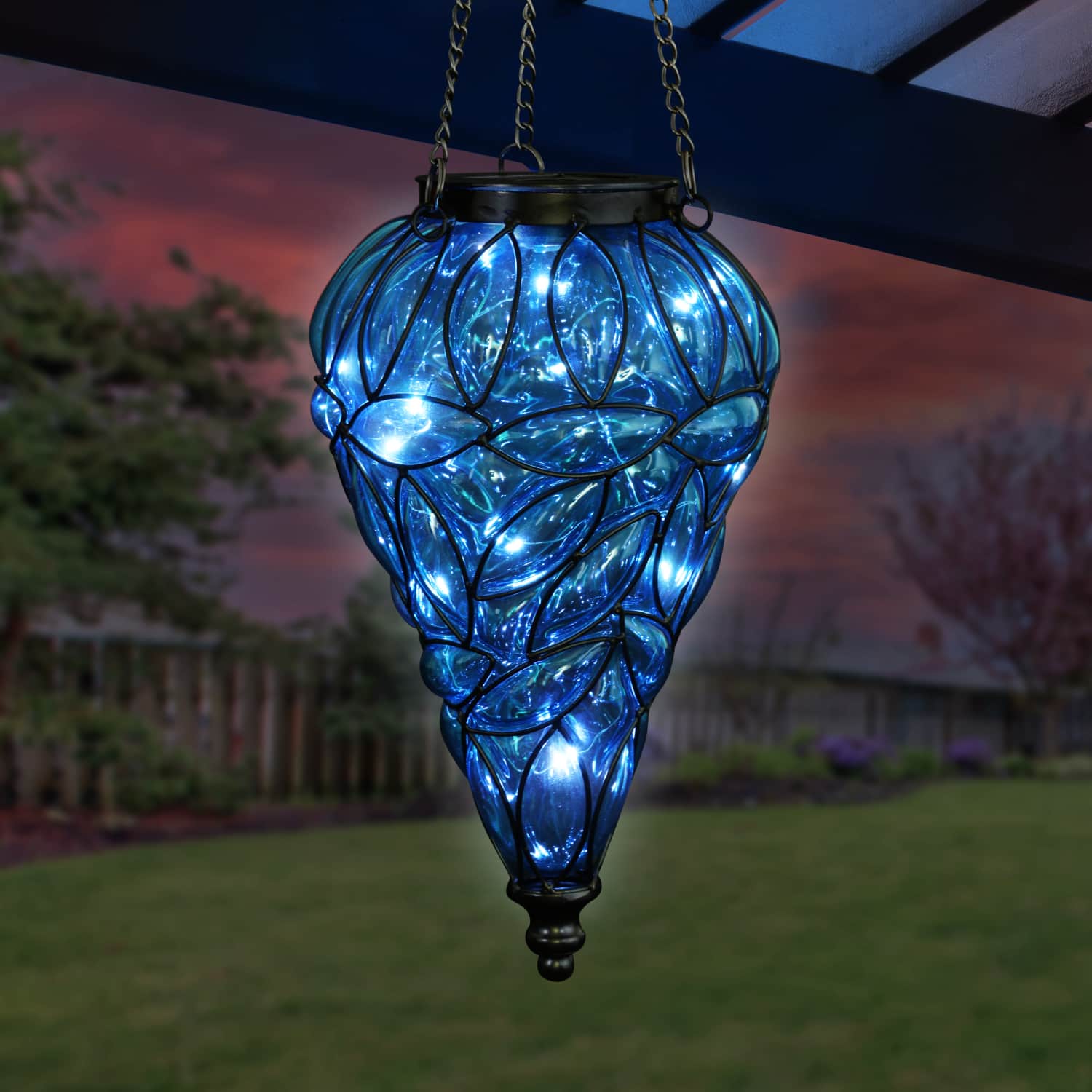 Solar Tear Shaped Glass and Metal Hanging Lantern in Blue with 15 Cool White LED Firefly String Lights, 7 by 24 Inches | Exhart