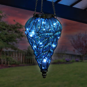 Solar Tear Shaped Glass and Metal Hanging Lantern in Blue with 15 Cool White LED Firefly String Lights, 7 by 24 Inches | Exhart