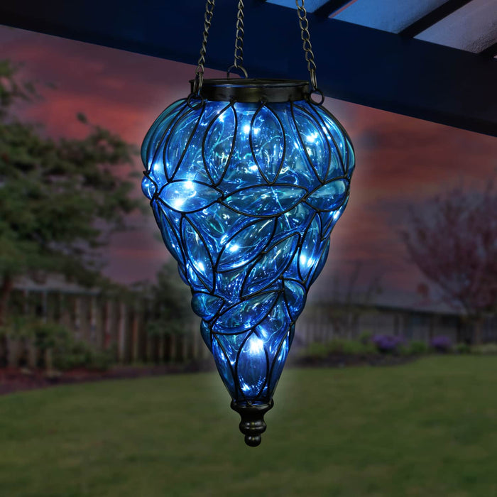 Solar Tear Shaped Glass and Metal Hanging Lantern in Blue with 15 Cool White LED Firefly String Lights, 7 by 24 Inches