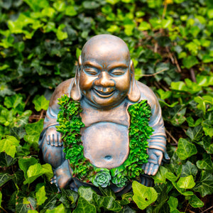 Solar Happy Buddha Garden Statue  In Bronze Look With Succulents, 10 Inch | Shop Garden Decor by Exhart