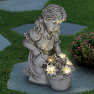 Solar Girl Watering Flowers Statue in Natural Resin Finish, 12 Inch | Shop Garden Decor by Exhart