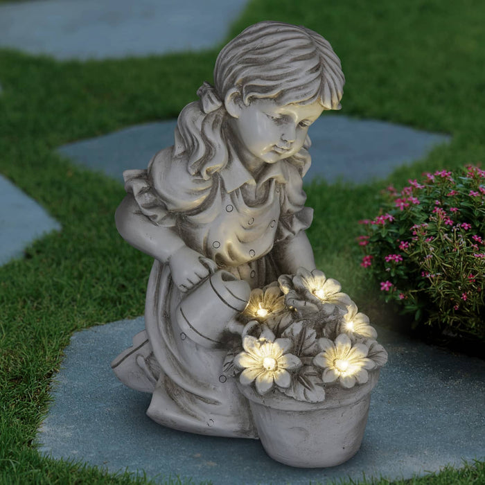 Solar Girl Watering Flowers Statue in Natural Resin Finish, 12 Inch