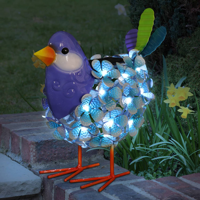 Solar Blue Metal Song Bird with 38 LEDs in a Flower Body Garden Statue, 6 by 7.5 Inches