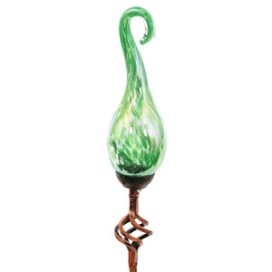 Solar Hand Blown Pearlized Green Glass Spiral Flame Garden Stake with Metal Finial Detail, 36 Inch | Exhart