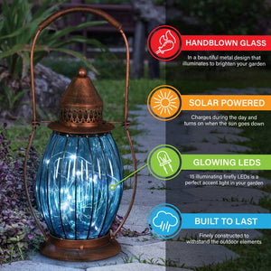 Solar Antique Metal and Sea Blue Glass Accent Lantern with Fifteen LED Firefly String Lights, 7 by 14 Inches | Exhart