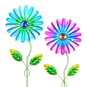 2 Piece Metal Zinnia Flower Stake Set with Jewel Center in Teal and Pink, 6 by 15.5 Inches | Shop Garden Decor by Exhart