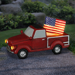 Solar Red Patriotic Garden Truck Statue with American Flag, 6.5 by 11 Inch | Shop Garden Decor by Exhart