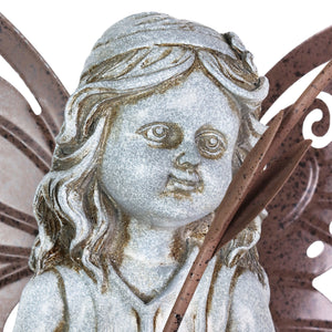 Stone Fairy Left Facing Statue with Metal Wings and Metal Flower, 8 by 19 Inch | Shop Garden Decor by Exhart