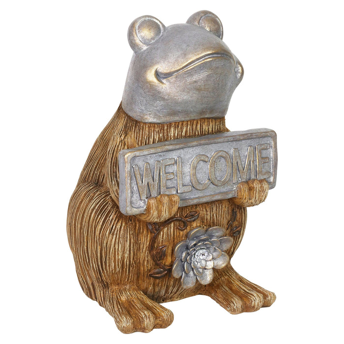 Welcome Sign Garden Frog Statue in a Wood Look with Silver Detail, 11 Inch