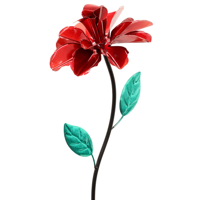 Rose Flower Wind Spinner Garden Stake, Hand Painted in Metallic Red, 8 by 39 Inches