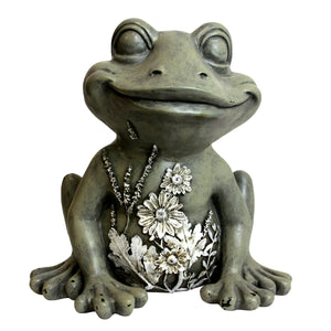 Solar Frog Garden Statue with Flowers, 11 Inch
