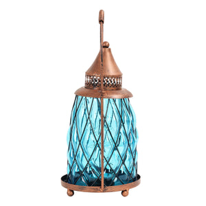 Solar Vintage Metal and Sea Blue Glass Accent Lantern with fifteen LED Fairy Firefly String Lights, 7 by 15 Inches | Exhart